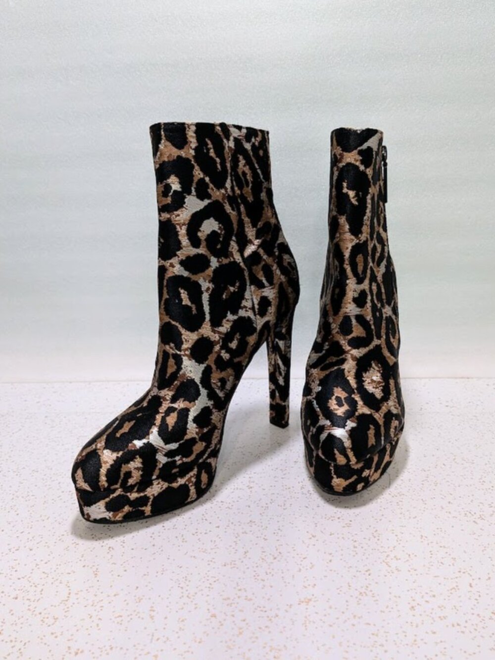 GUESS Dejah Leopard Print Platform Ankle Boots Gold Black Heeled Booties